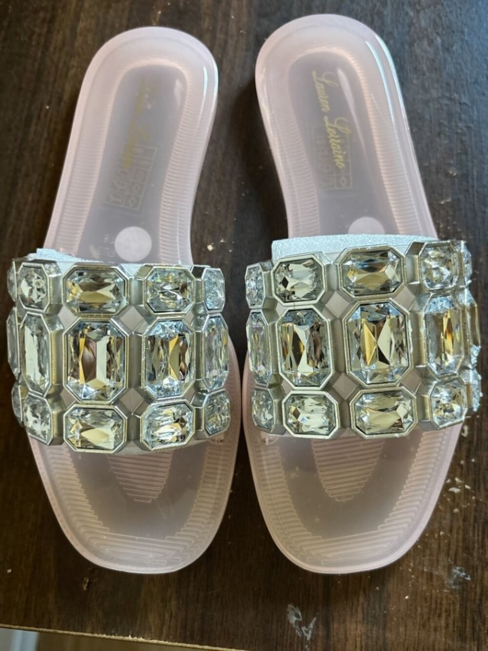 NWT Lauren Lorraine Jade Nude Rhinestone Bling Slide Sandals Flats Size 5.5 M